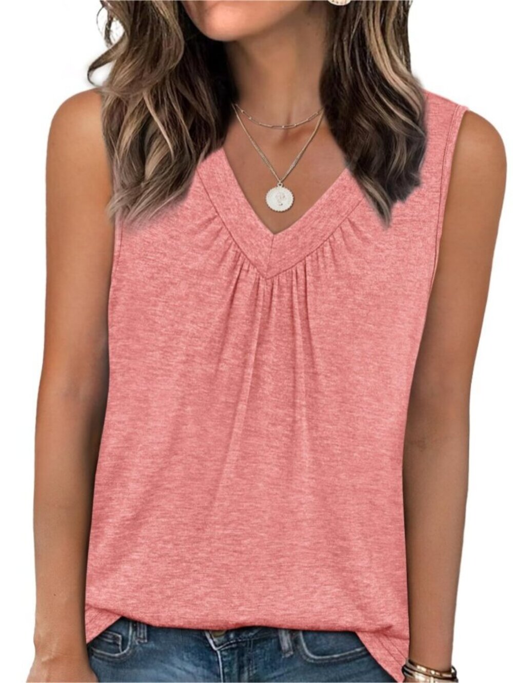 Loose V-Neck Tank Top Ruched Curved Hem